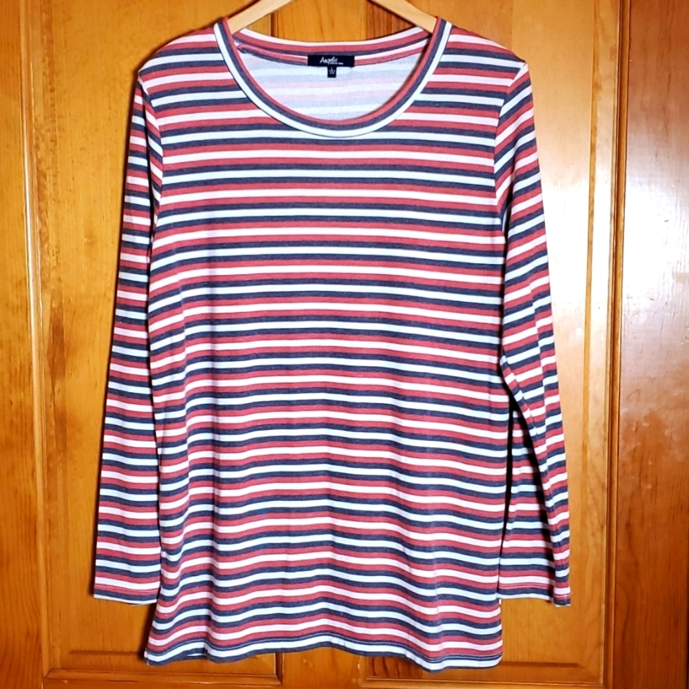 ANGELS L RED WHITE & BLUE STRIPPED LONGSLEEVE SCOOP NECK SHIRT